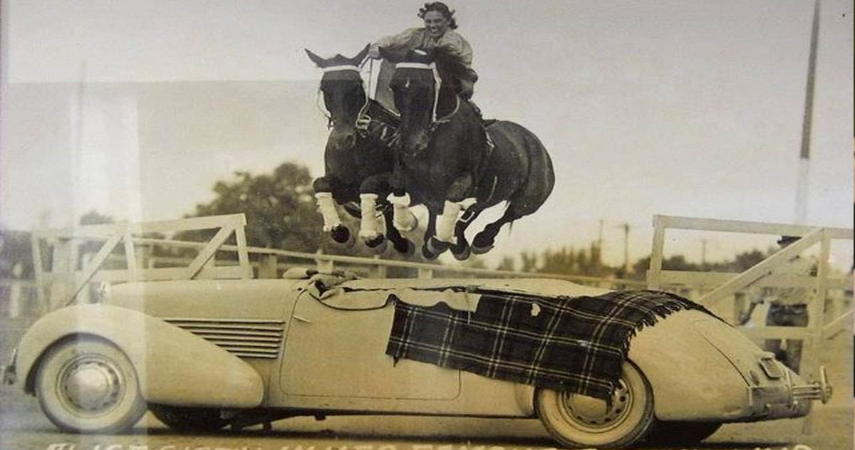 Alice Sisty and her team, jumping a car - circa 1940