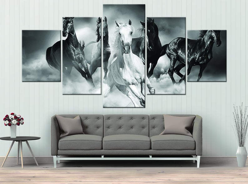 Black and White Running Horses Canvas 