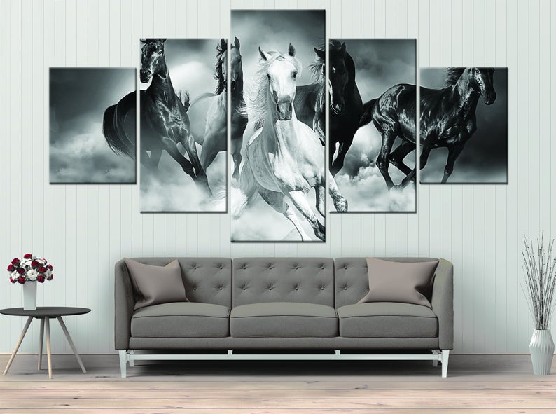 Black and White Running Horses Canvas