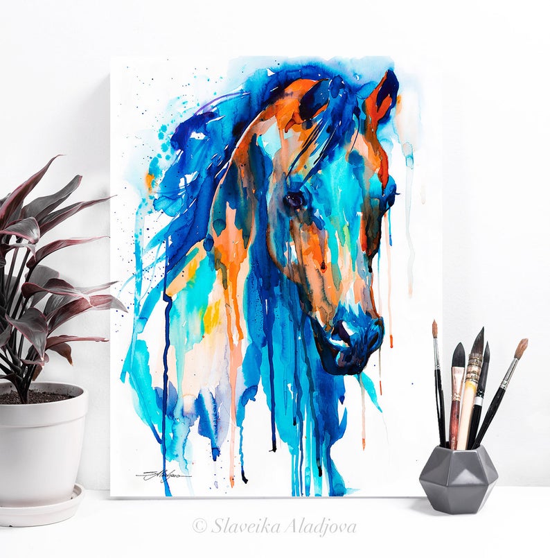 Blue Horse Watercolor Painting Print by Slaveika Aladjova