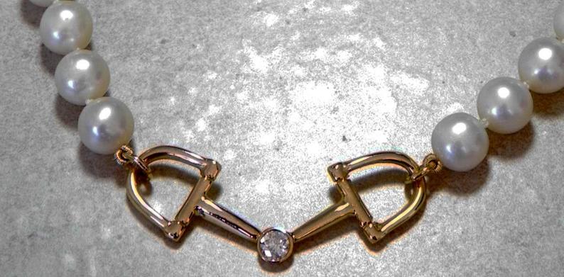 GORGEOUS Equestrian 14K Gold Horse Snaffle Bit Necklace 0.30ctw VS1 GIA Certified Diamond with Akoya Pearls