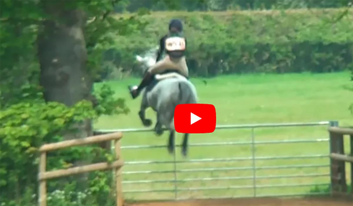 Horse leaves course with rider over 7 bar gate
