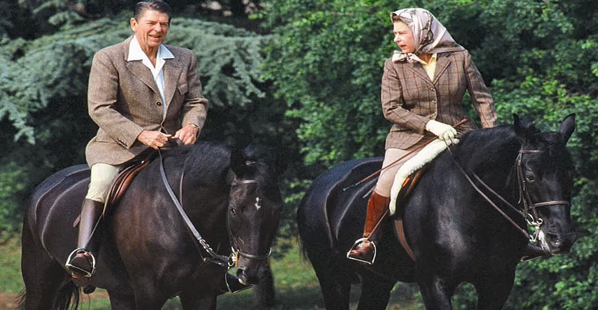 President Ronald Reagan horseback riding with Queen Elizabeth II at Windsor castle