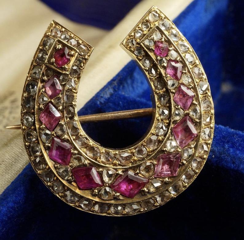 Lovely Antique English 15k Gold Ruby and Rose Cut Diamond Horseshoe Brooch